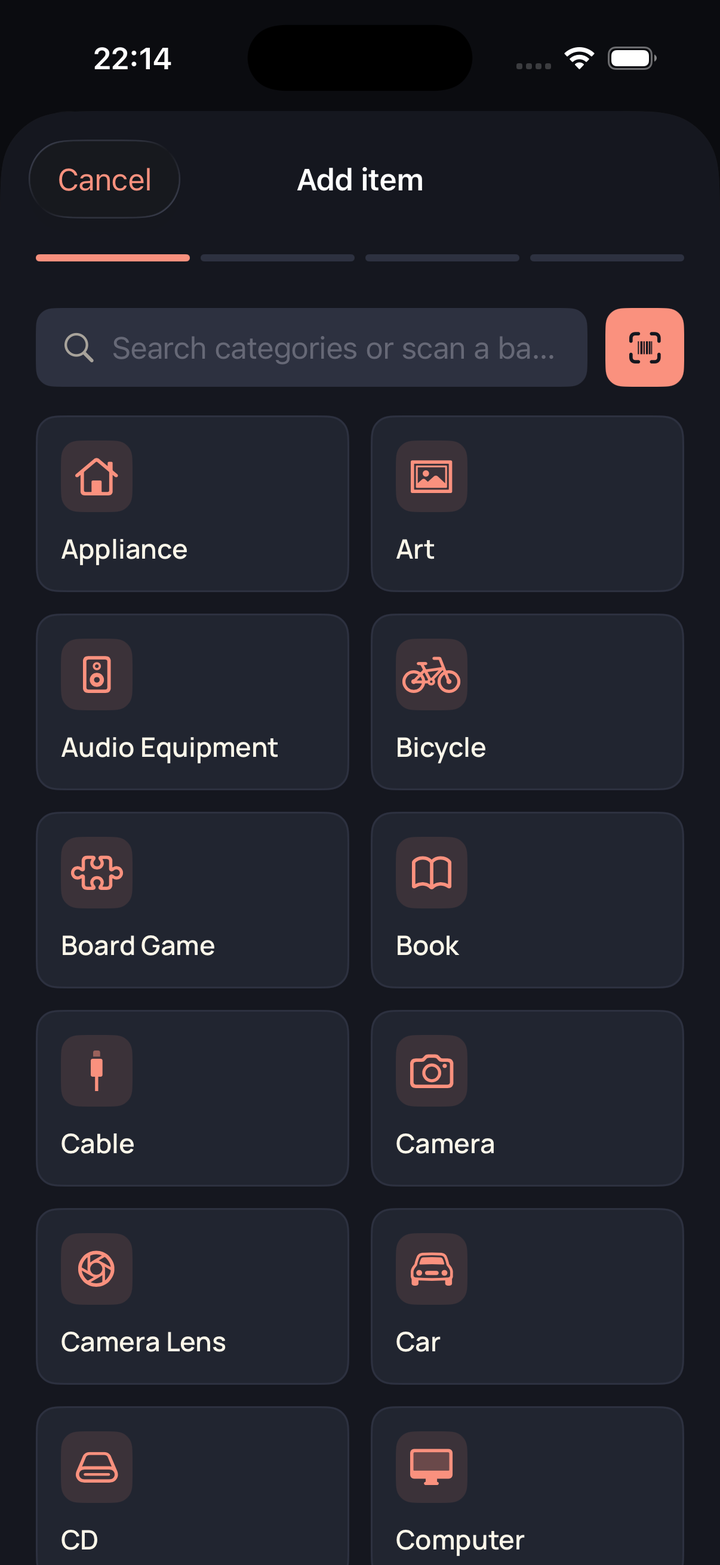Add-item screen with a grid of categories from Appliance to Computer.