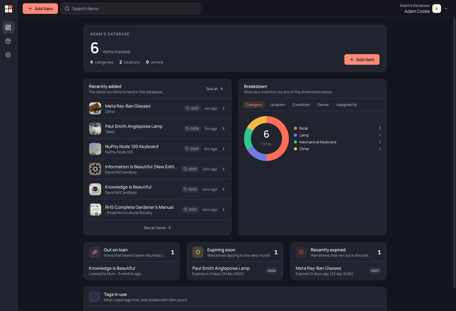 Stuffly web dashboard with sidebar, items list, recent activity and database stats.
