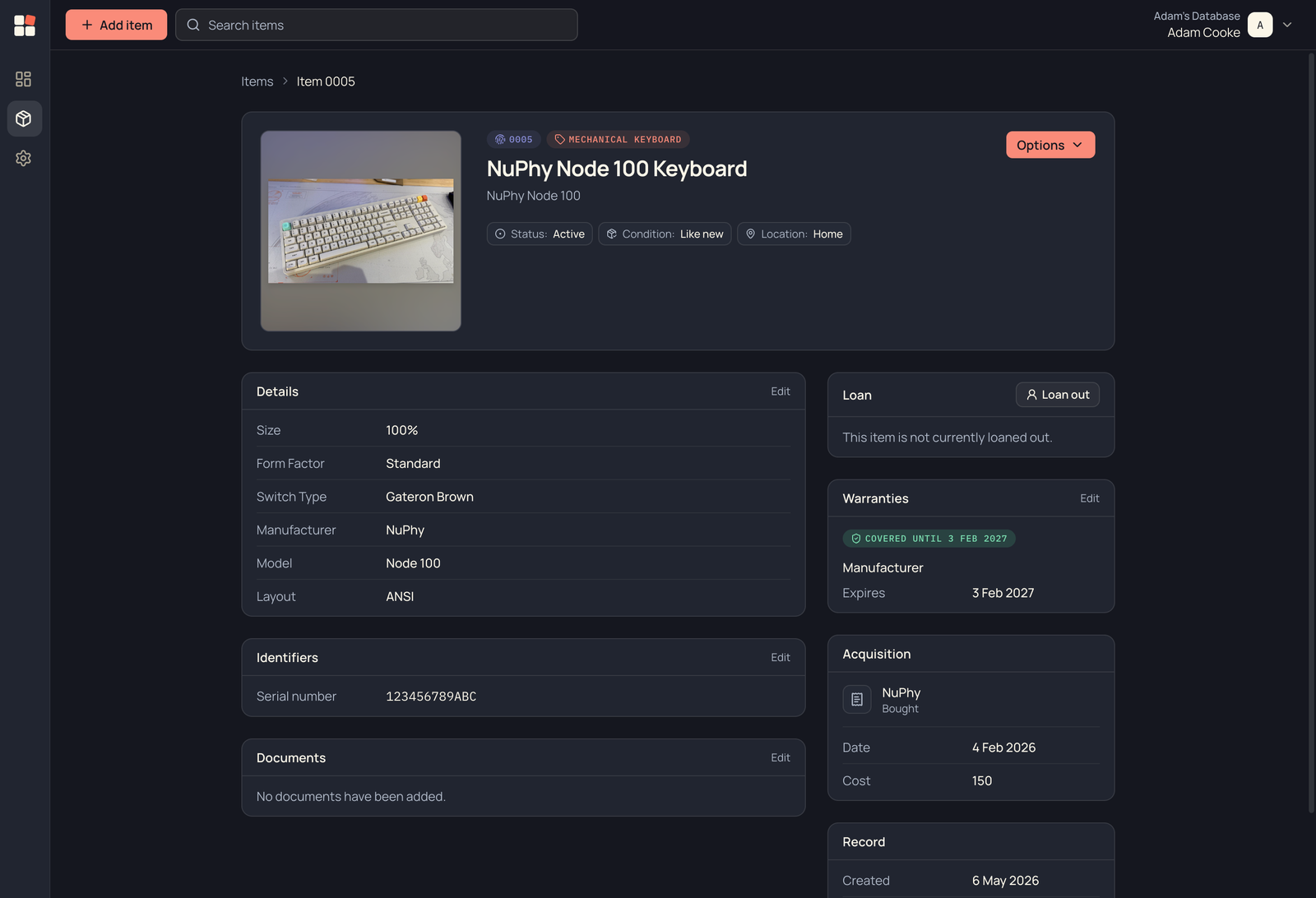 Stuffly item details for a NuPhy Node 100 keyboard with photos and metadata.